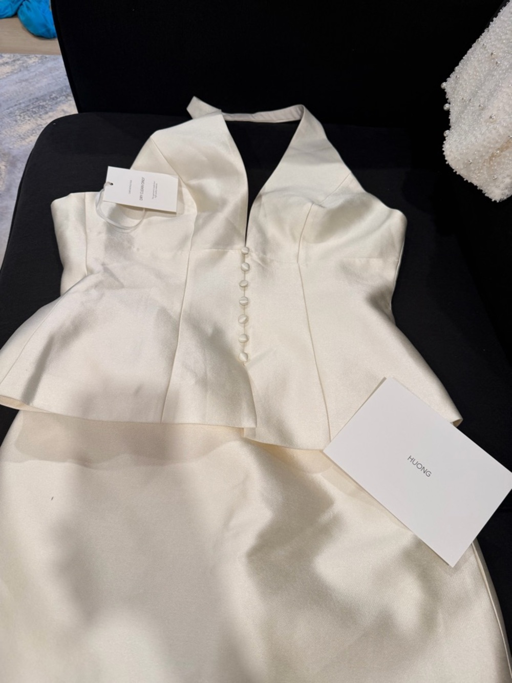 HUONG Ivory Satin Halter Peplum Skirt Set